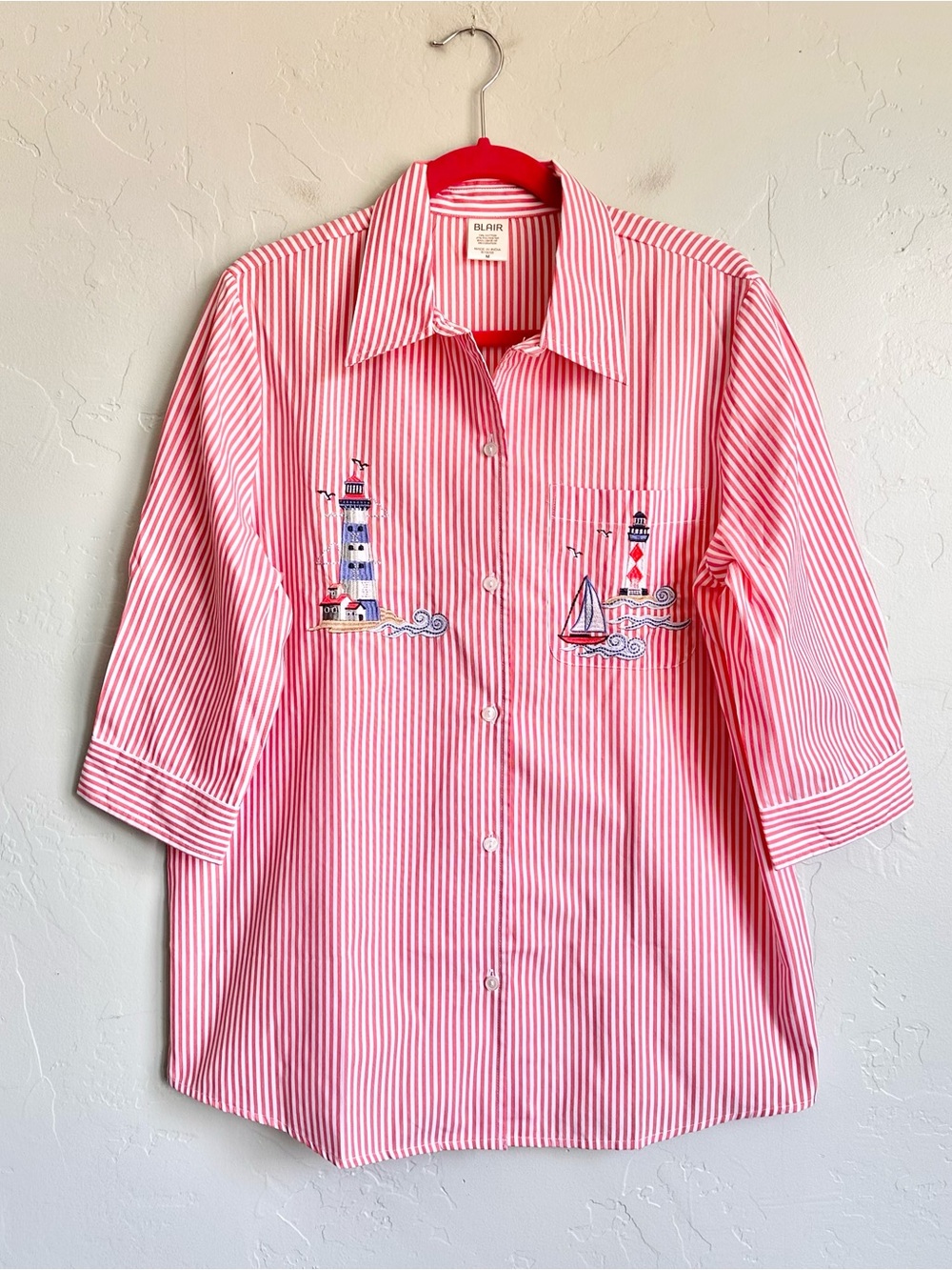Blair Red White Striped Nautical Embroidered Lighthouse Sail Boat Button‎ Up Med